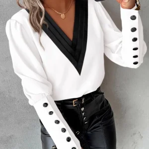 Camisa de manga larga con cuello en V y botones, de color liso, para el otoño.
