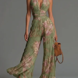Mono verde con estampado floral de muselina, cuello en V, sin mangas, perneras anchas y plisado