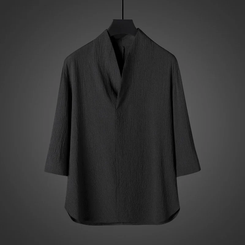 Antonio-Camiseta de manga corta estilo vintage de seda helada holgada con estampado zen.